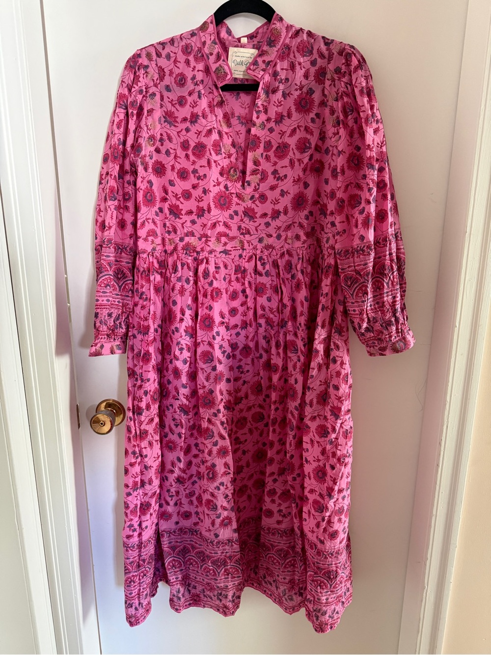 Dilli Grey Pink Floral Organic Cotton Midi Maxi Dress Size Large Boho India